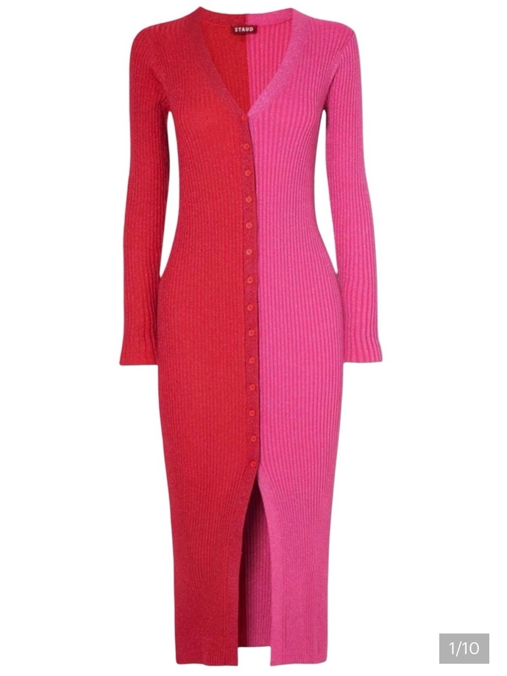STAUD Shoko Colorblock Two-Tone Red and Pink Ribbed Button-Front Midi Dress